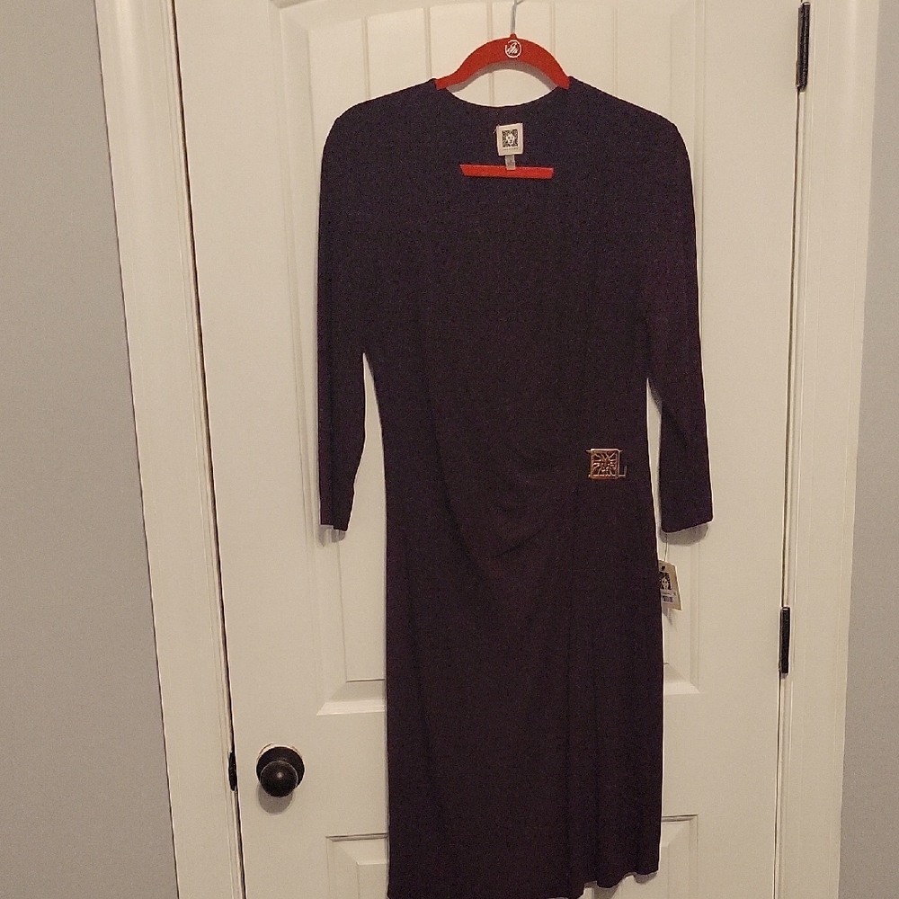 Anne Klein Black Sheath Dress 3/4 Sleeve Crew Neck